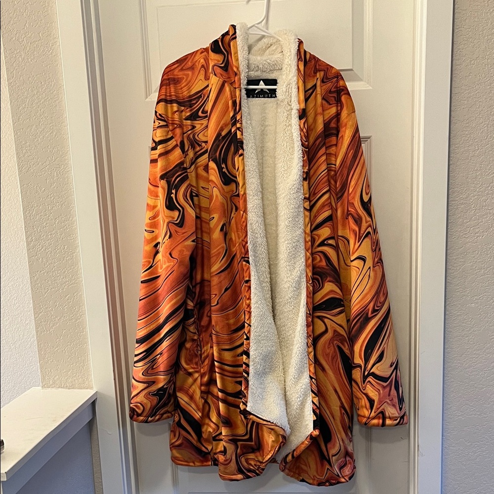 Azimuth lined hooded cloak Vibrant Orange Swirl 4xl